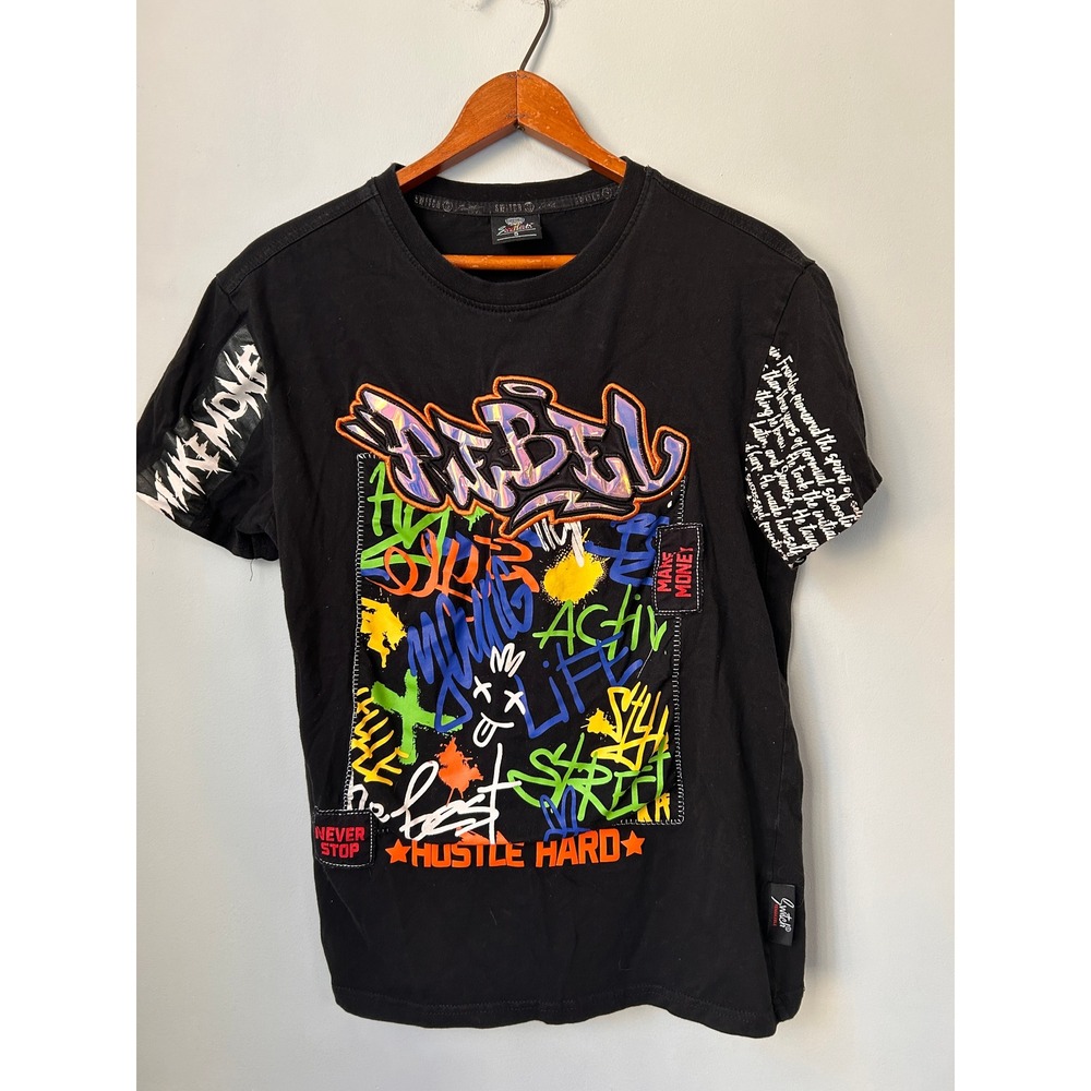 Switch Remarkable Mens Black Graffiti Rebel Hustle Hard Graphic T-Shirt Small